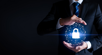 Image of a man with a flowing digital security padlock